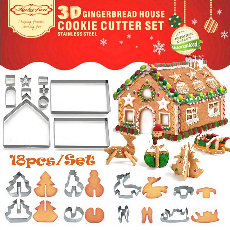Sakolla 18 PCS Gingerbread House Cookie Cutter Set, 3D Stainless Steel Christmas House Fondant Cutter Kit, Including Christmas Tree, Snowman, Reindeer, Sled Shapes, Gift Box Package - Image 1